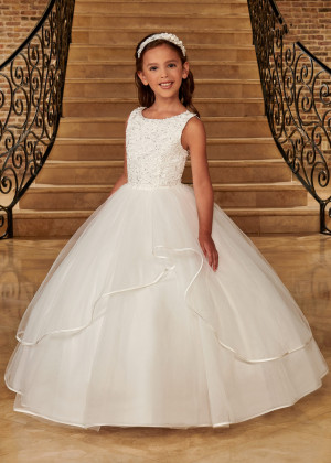 Beaded Ivory Lace Tiered Tulle Beautiful Flower Girl Dress With Satin Hem